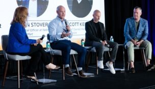 Moderator Cindy W. Hodnett, left; Michael Wipfler, Mueller Furniture; Ethan Stover, NFM; and Scott Kerby, Purple Innovation.