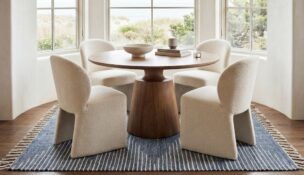 Soft blues and subtle patterns define Annie Selke’s new denim rugs