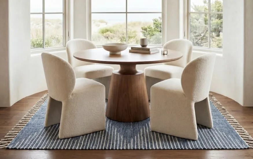 Soft blues and subtle patterns define Annie Selke’s new denim rugs